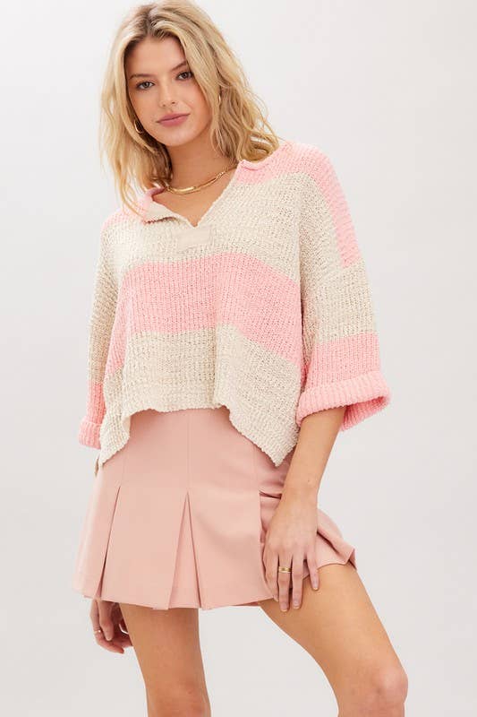 Striped Design Patch Sweater: Bubblegum Oatmeal / S