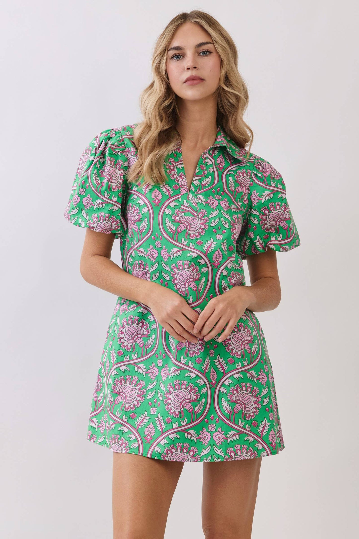 CD07213-Paisley Print Puff Sleeve Mini Dress: Green / M