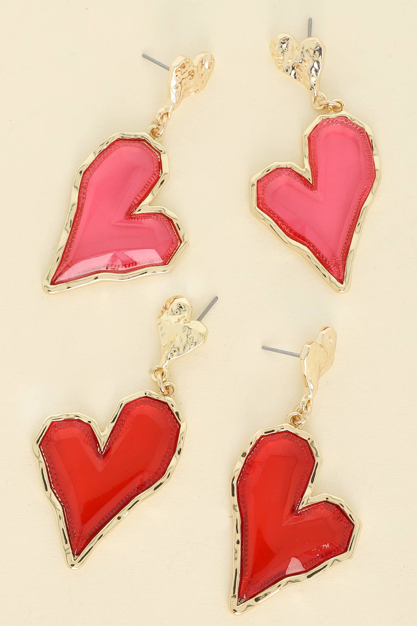 Irregular Metal Heart Enamel Coated Drop Earrings: Red