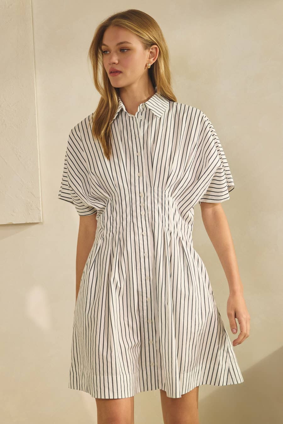 Striped Short-sleeve Shirt Dress: Apple Green / L