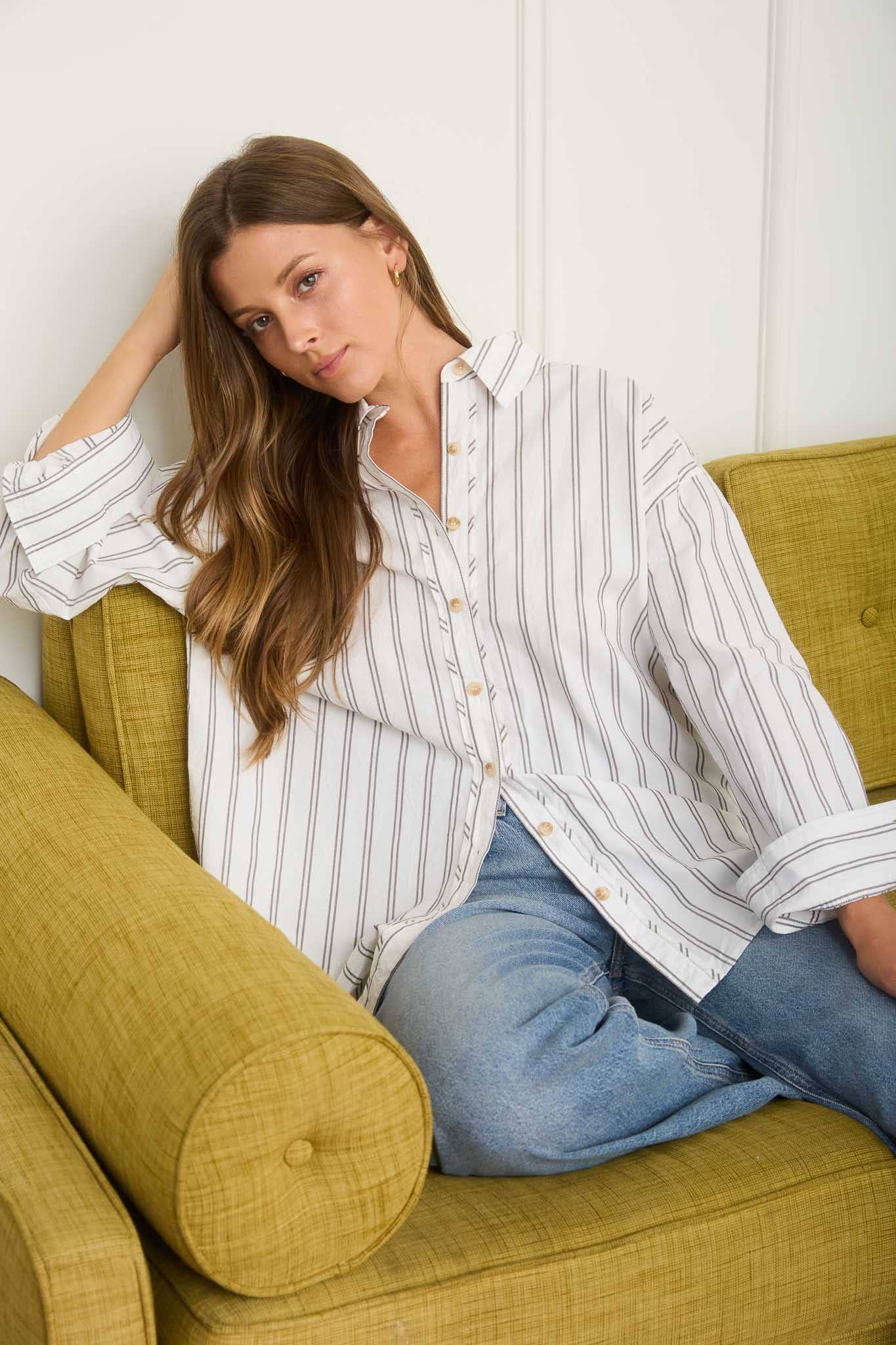 STRIPE OVERSIZED COLLARED LONG SLEEVE SHIRT: LIGHT BLUE