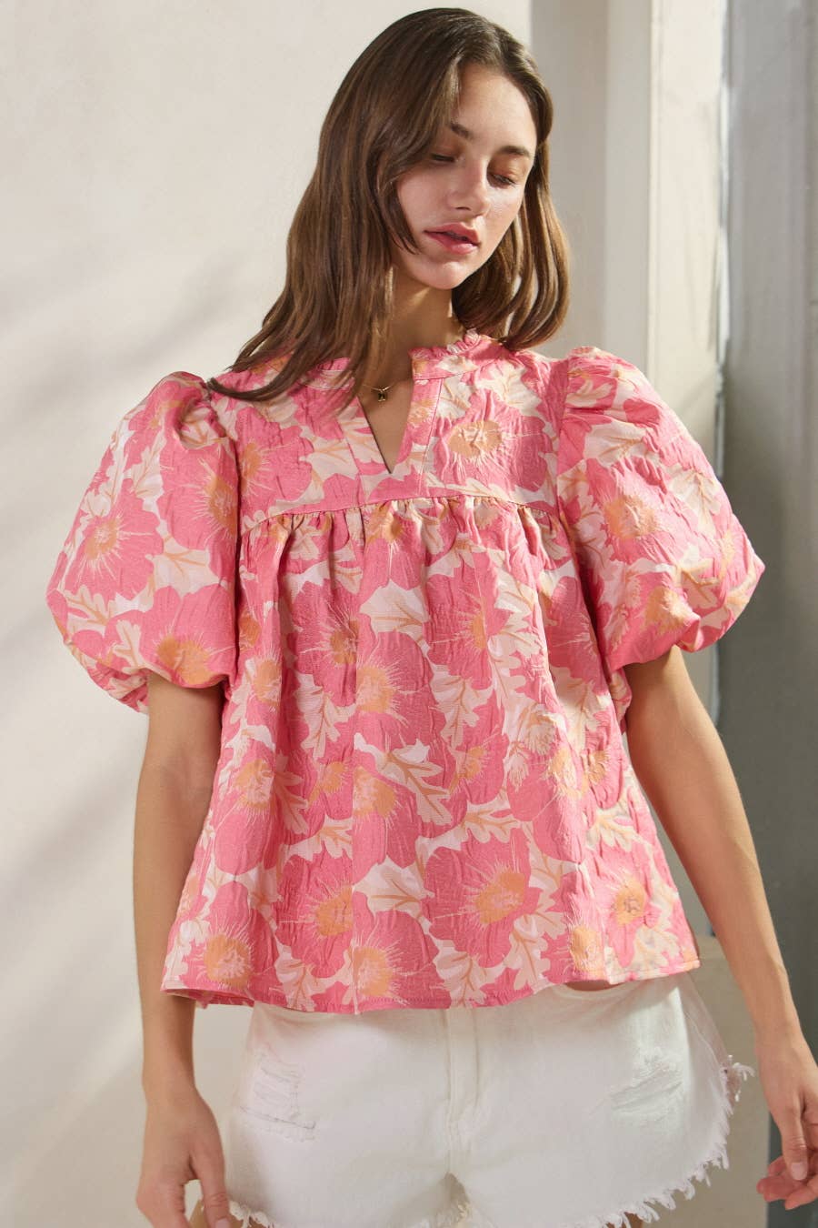 Plus Floral Satin Weave Jacquard Babydoll Top: Sage Pink / 2XL