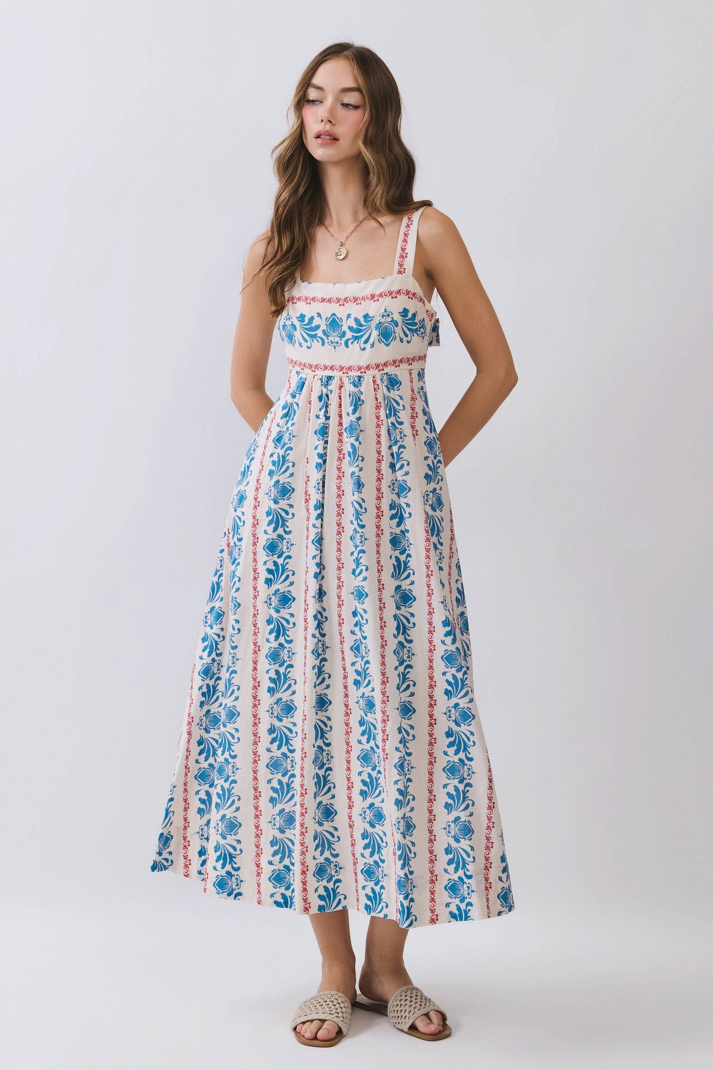 CD07119-Floral Stripe Print Square Neck Midi Dress : Blue / S