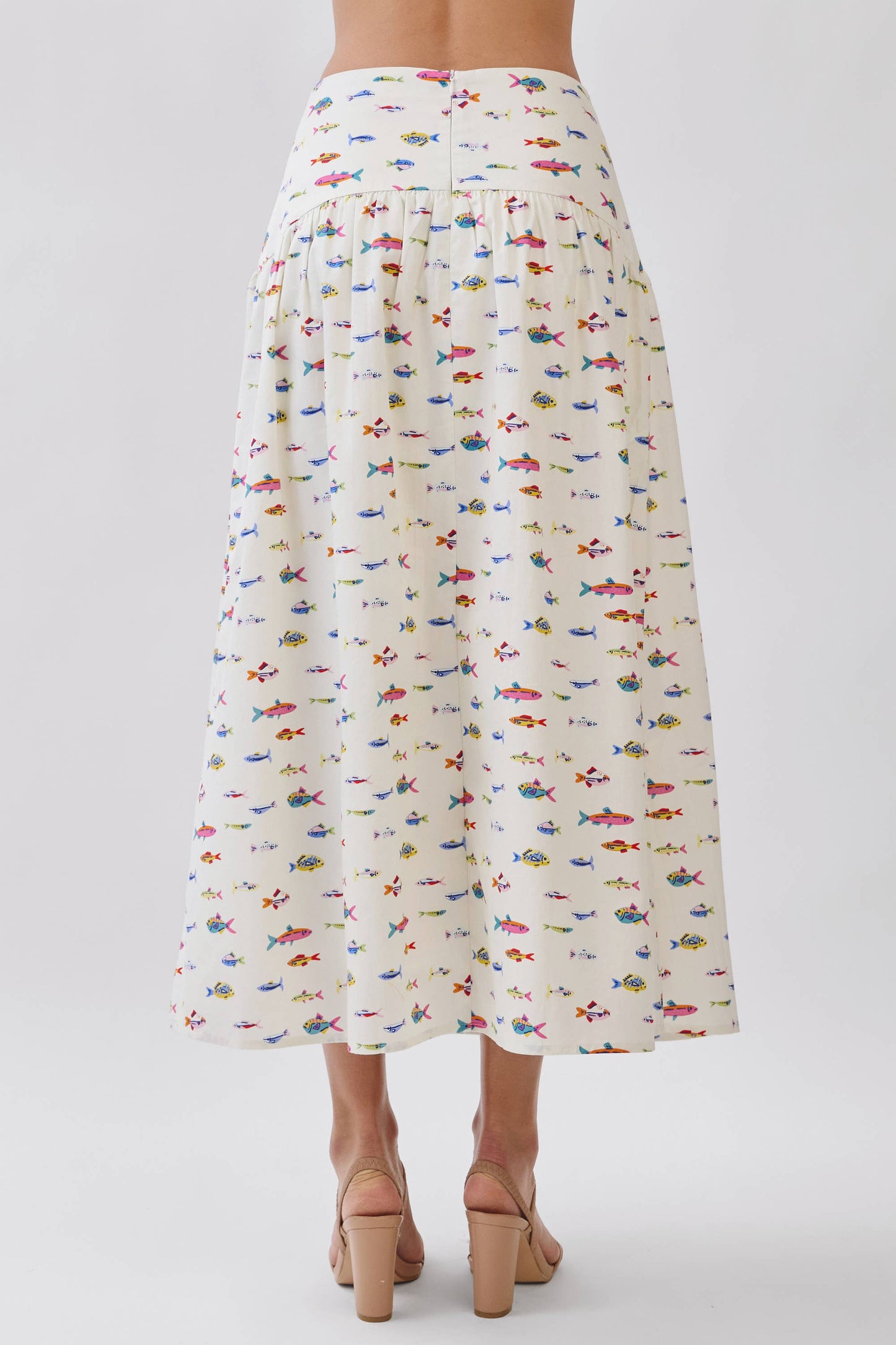 CS4065-Colorful Fish Print Drop Waist Maxi Skirt: Cream / M