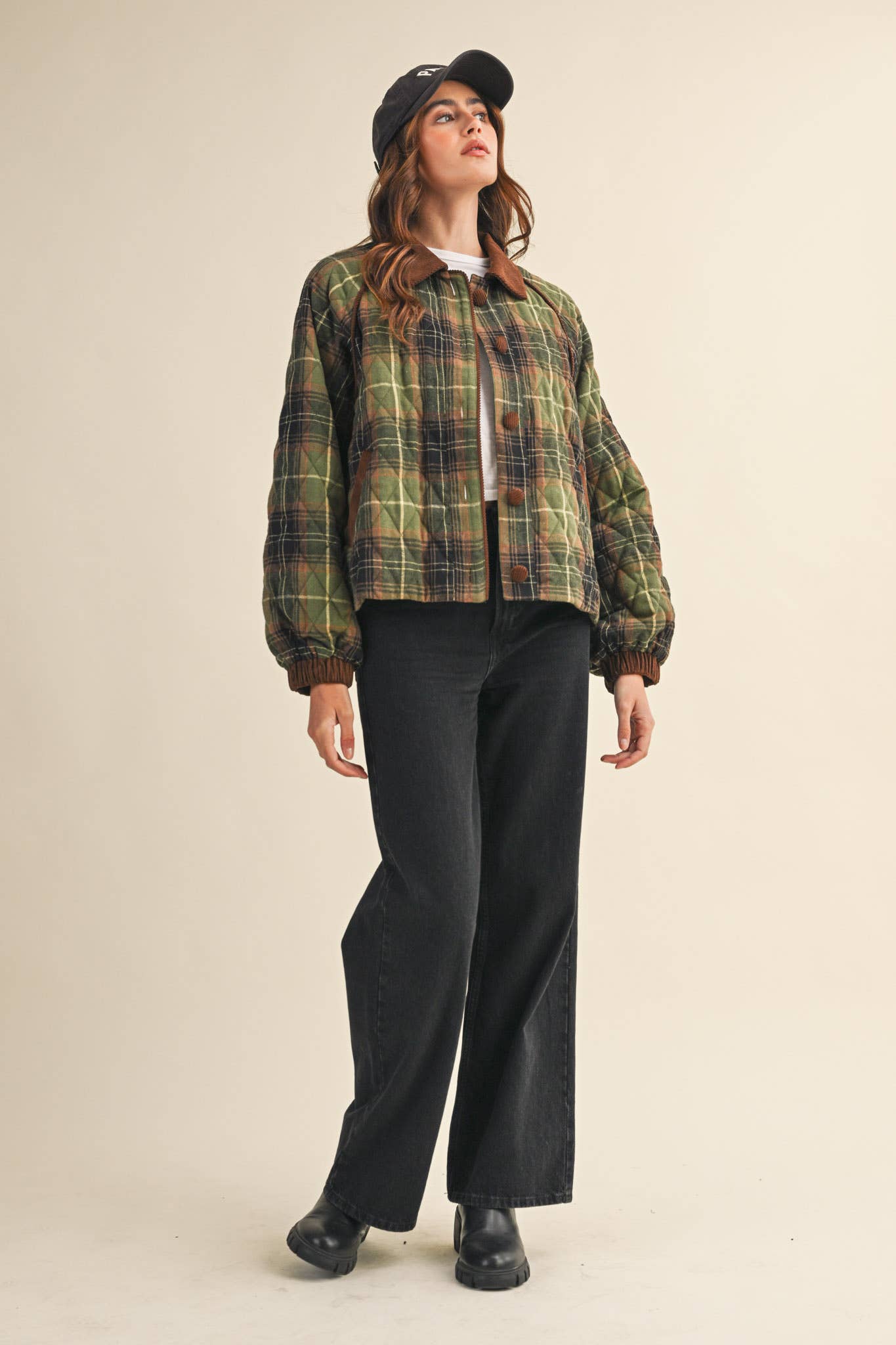 PLAID QUILTED JACKET WITH CONTRAST CORDUROY DETAIL MJK4115: Olive Multi Plaid / M