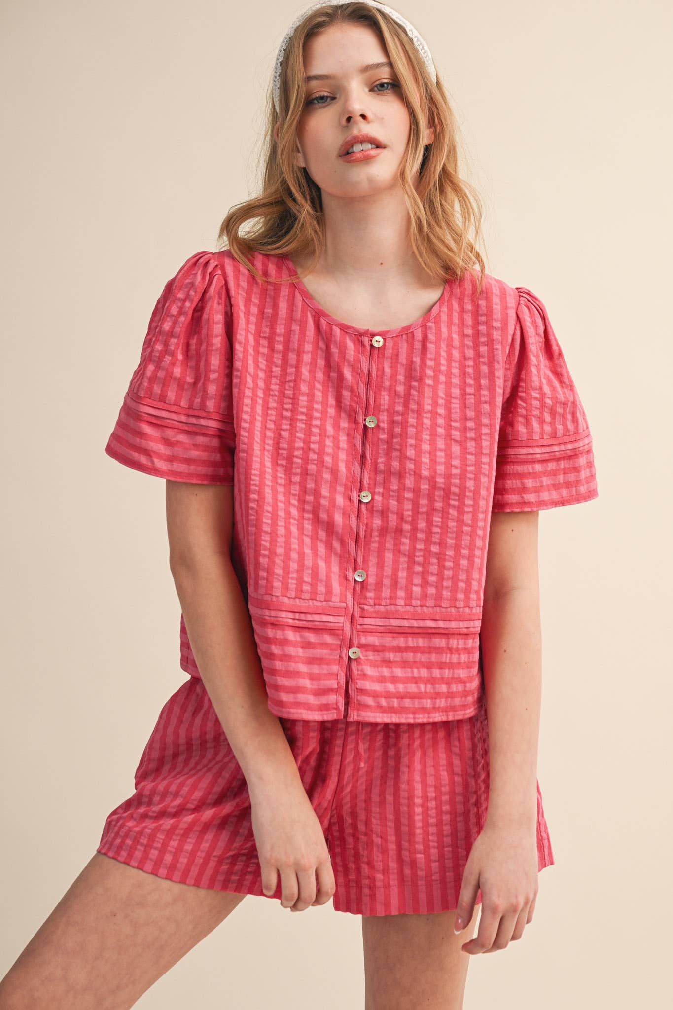 STRIPED BUTTON UP TOP AND SHORTS SET MPST4488: BLUE SAGE STRIPE / S