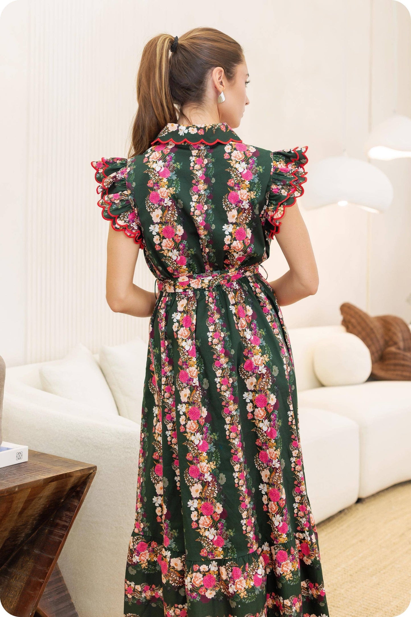 Ruffle Scallop Embroidery Floral Midi Dress: Deep Green/pink Multi / M