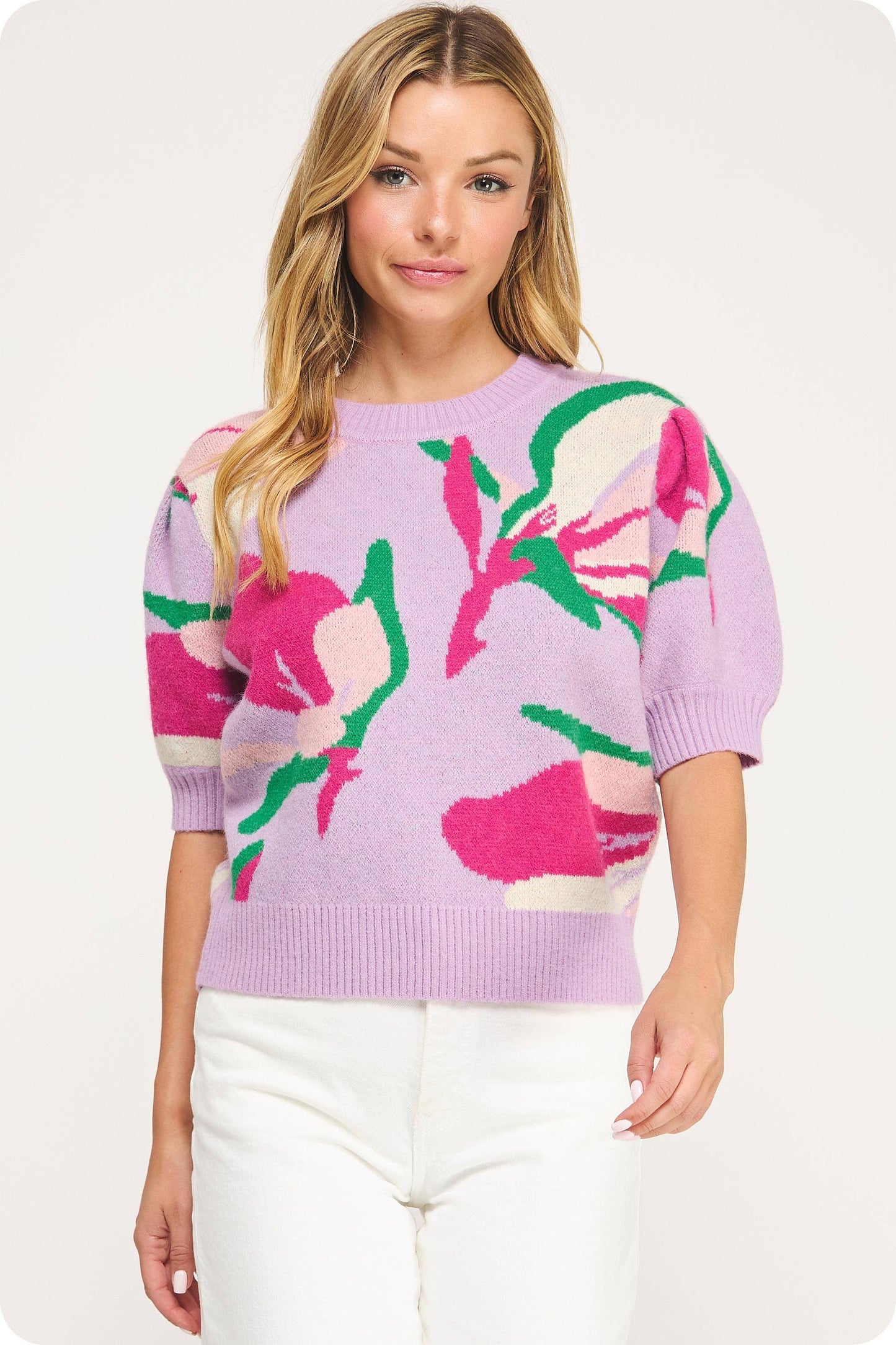 Floral Pattern Short Sleeve Knit Top: Spicy Orange Multi / L