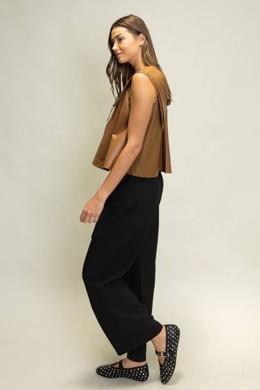 SOT1241 Faux Leather Sailor Collar Top: Black / S-M-L (2-2-2)