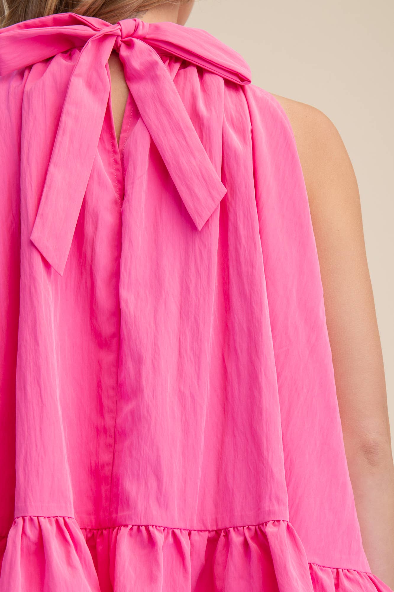 Halter Neck Sleeveless Back Neck Tie Ruffle Top: Hot Pink / L