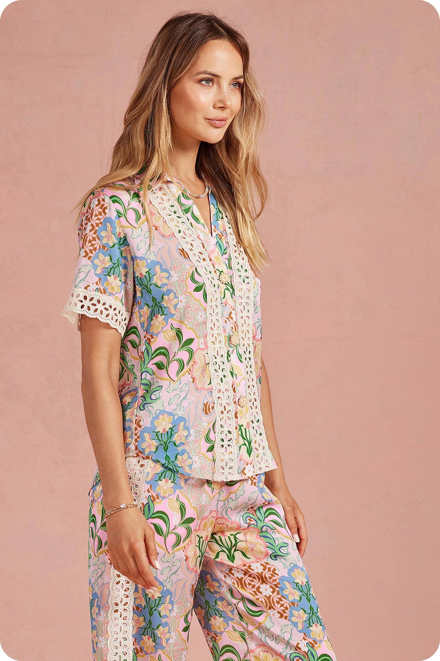 Garden Party Crochet Contrast Trim Satin Shirt: Multi / L