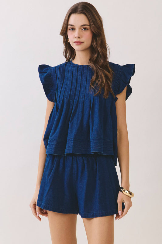 CT9811-Denim Ruffle Sleeve Pleated Detail Top: DENIM / S