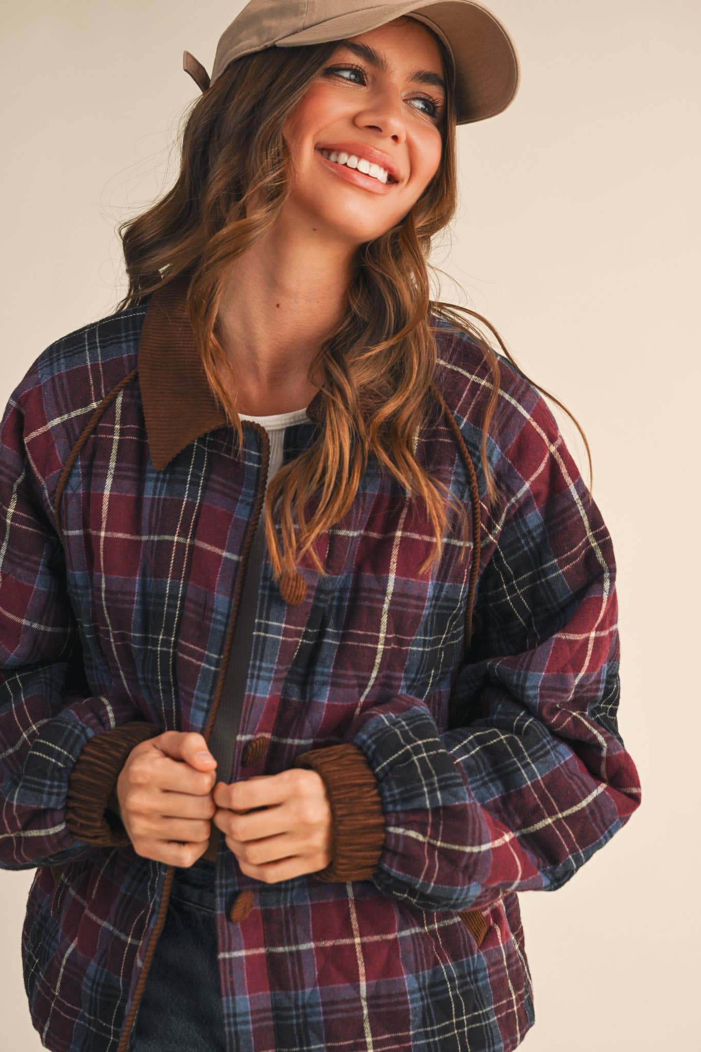 PLAID QUILTED JACKET WITH CONTRAST CORDUROY DETAIL MJK4115: Olive Multi Plaid / M