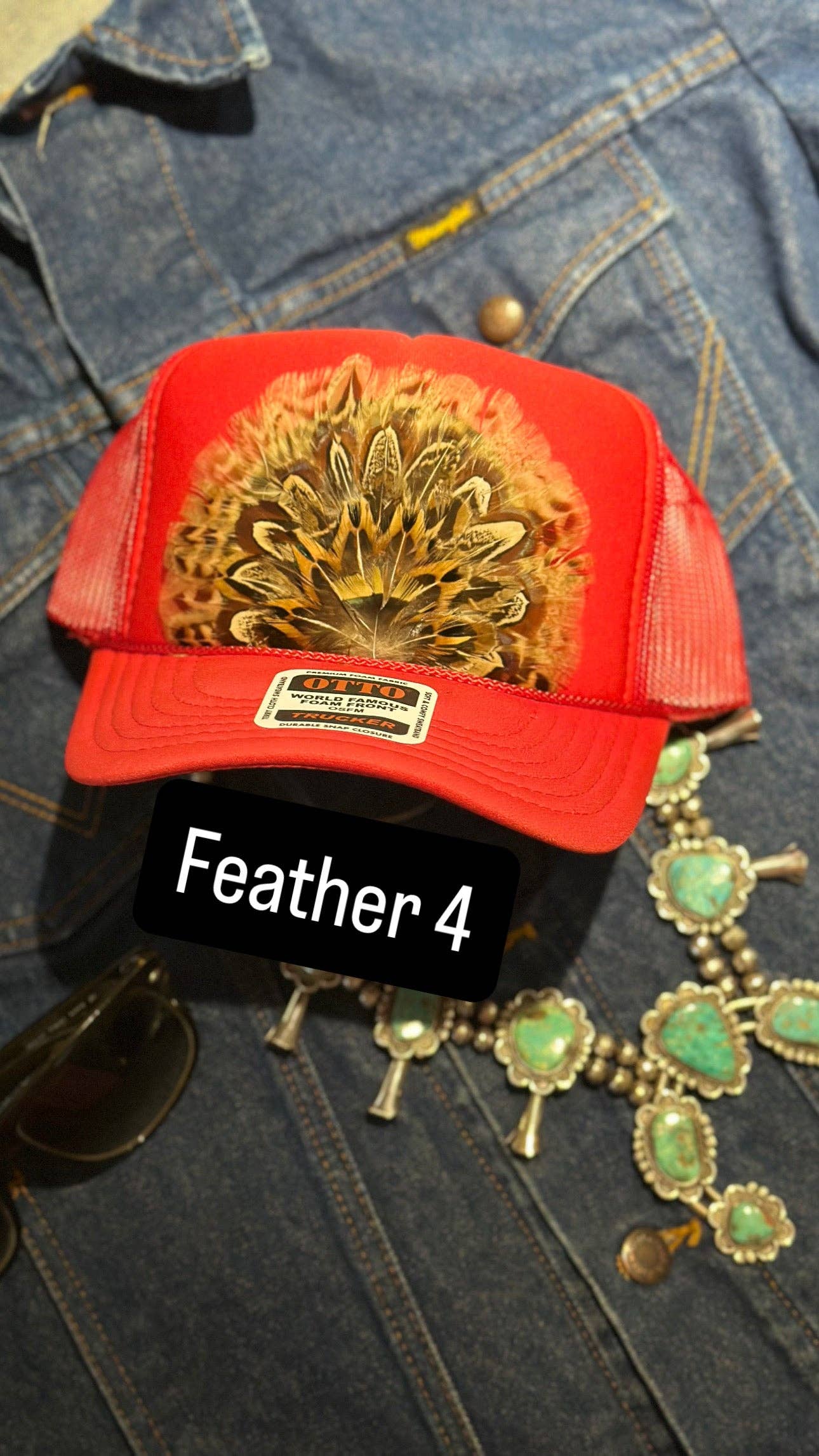 RED FEATHER TRUCKER HAT: No Faux Turquoise / Feather 2