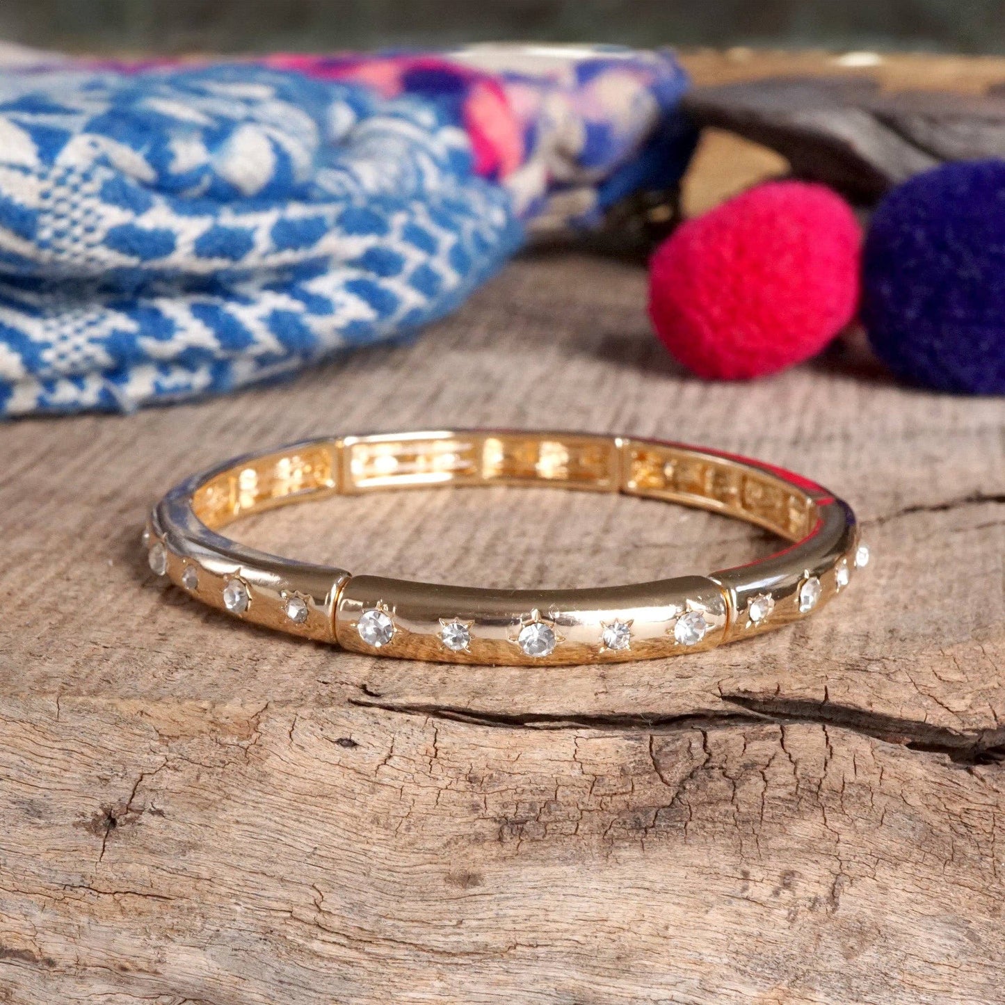 Gold-Tone Eternity Stretch Bangle – Pearls, Turquoise, or Crystals: Wide - Turquoise