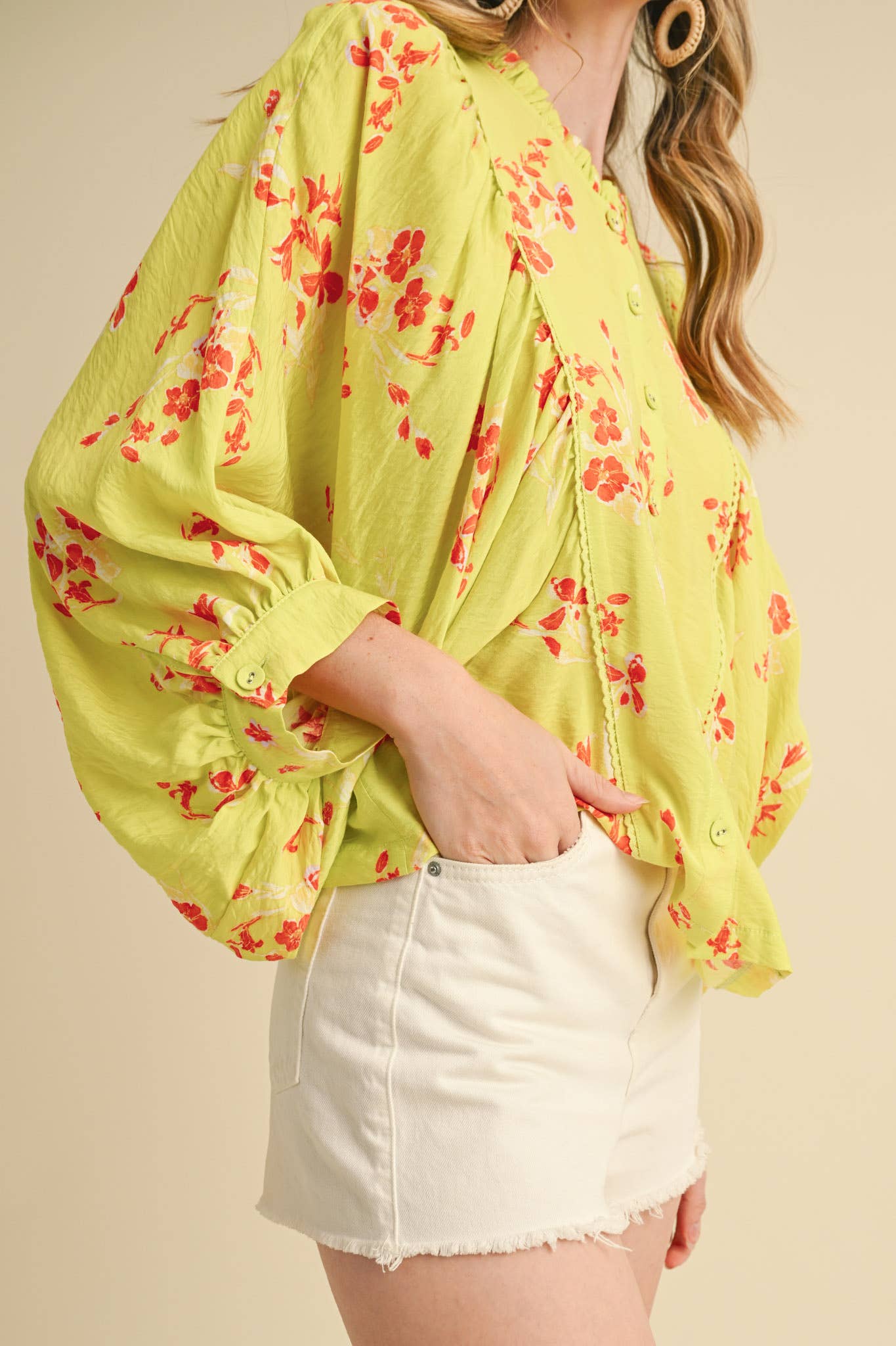 EXCLUSIVE PRINT FLORAL DOLMAN SLEEVE BLOUSE MTP3871: Electric Blue Floral / S