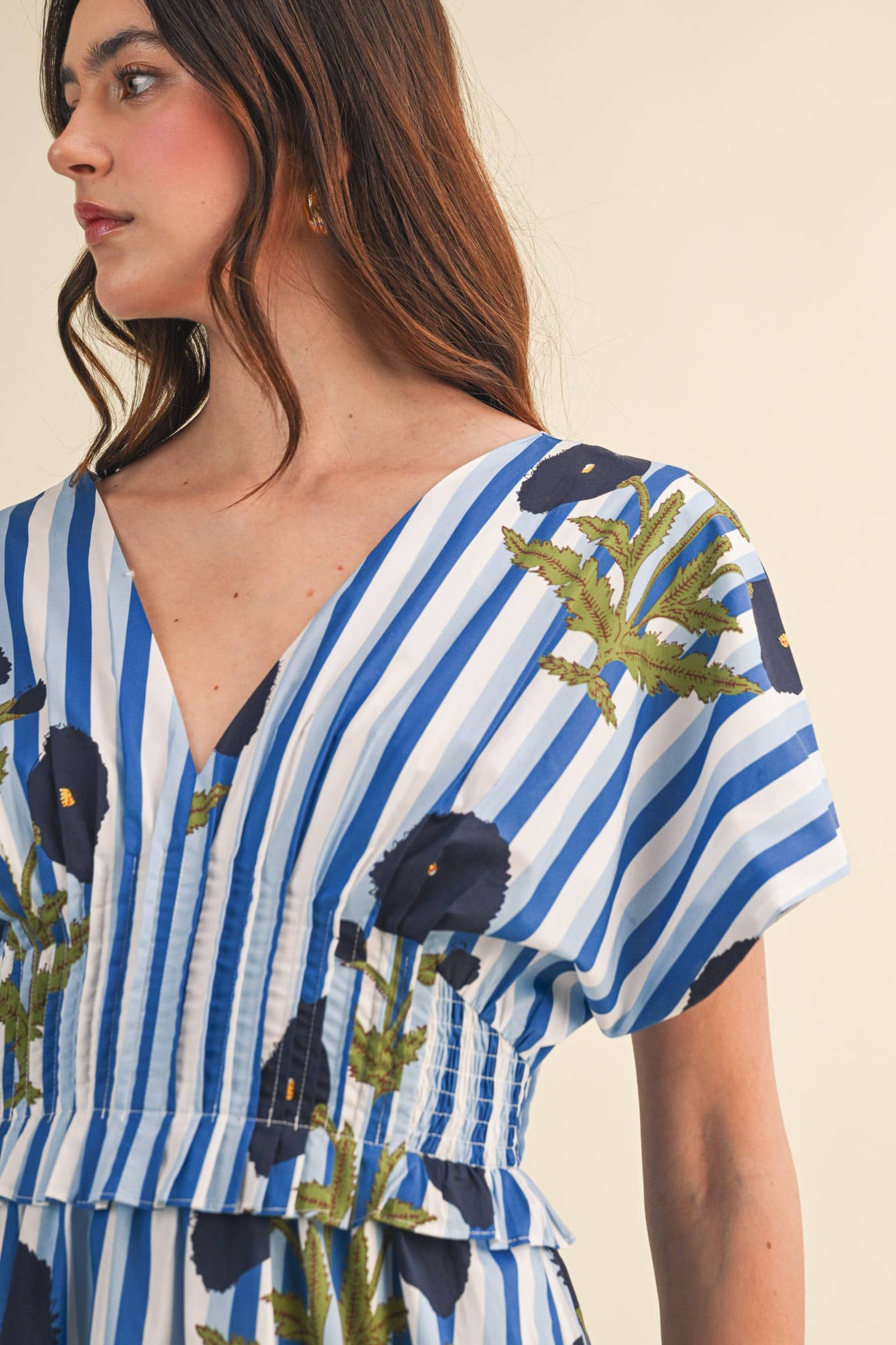STRIPED FLORAL PIN TUCK WAIST MIDI DRESS MDR4787: BLUE FLORAL STRIPE / S
