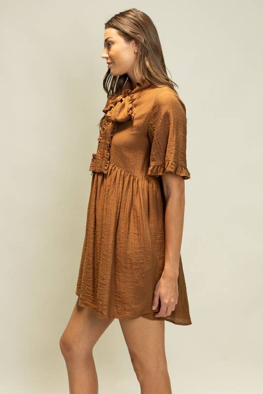 JOD1247 Crinkle Texture Mini Dress with Ruffle Neck Tie: COCOA / S-M-L (2-2-2)