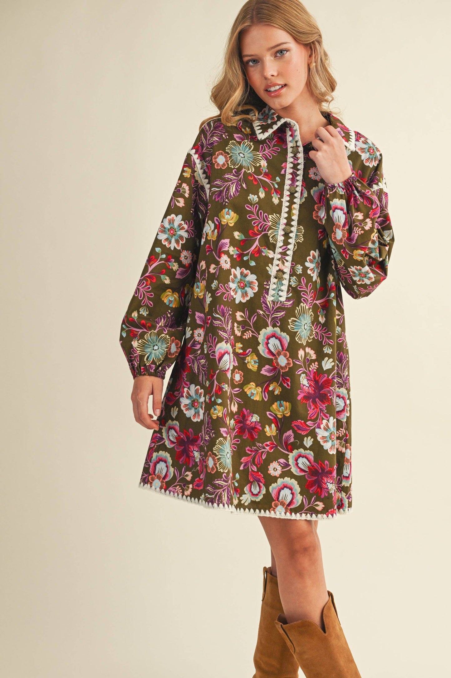 EXCLUSIVE PRINT BLANKET STITCH BUTTONED MINI DRESS MDR4298: Cream Multi / M