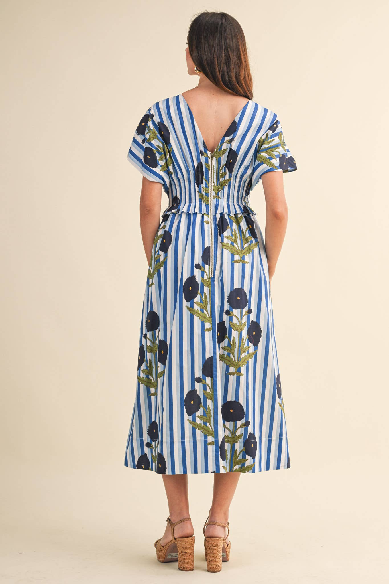 STRIPED FLORAL PIN TUCK WAIST MIDI DRESS MDR4787: BLUE FLORAL STRIPE / M