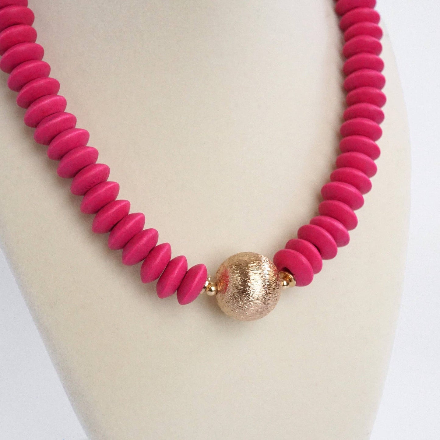 Wood Saucer Beads Short Statement Necklace Gold center Hot Pink Beige: Beige